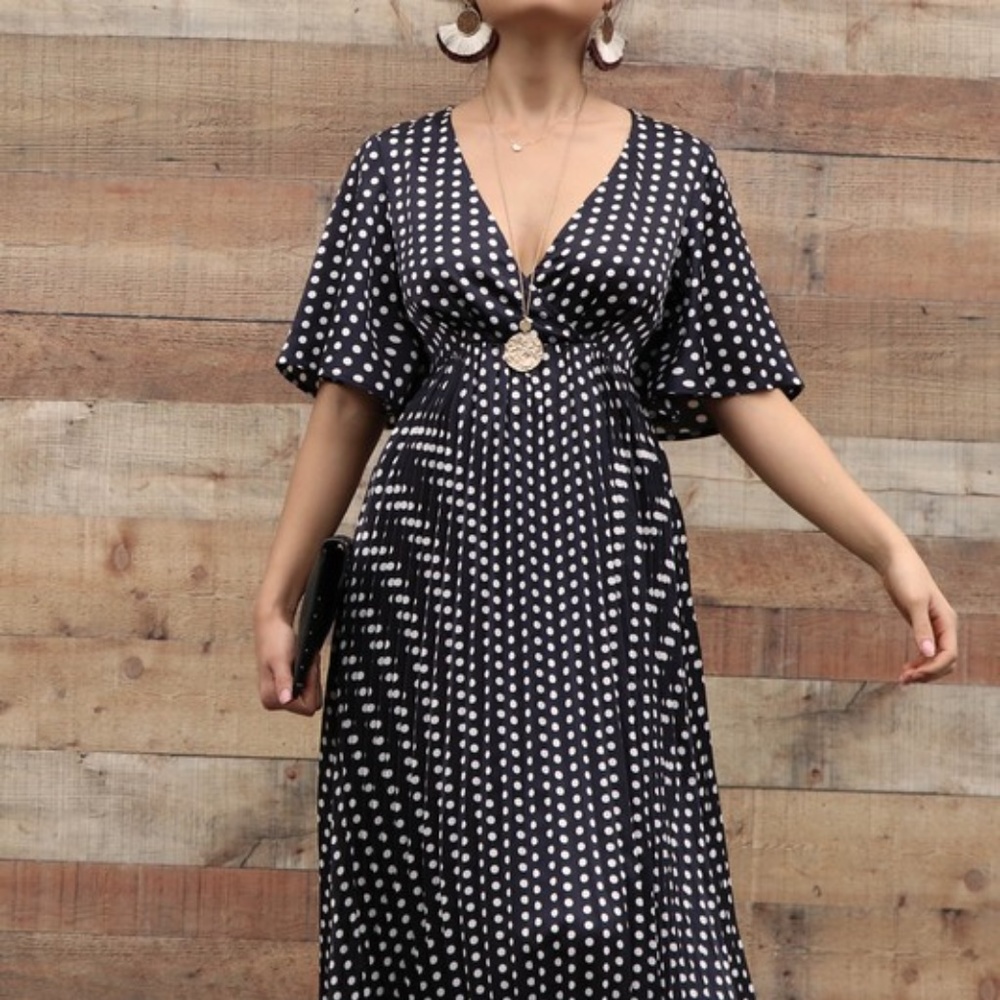 Maxi Dress Black w/White Dots Pleated Modest S M L